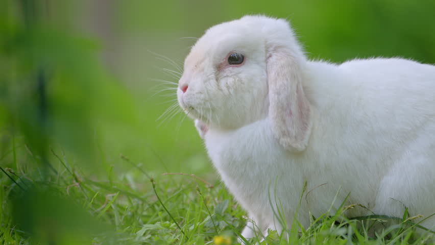 Adorable bunny eating in lush green nature, peaceful animal footage in 4K slow motion