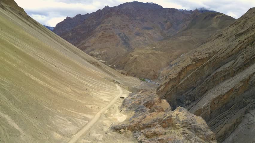 Aerial view of the rugged mountain landscape and winding dirt road in the Zanskar valley, Ladakh, India.