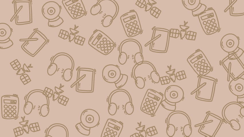 Repeating pattern of educational and digital device doodles on a warm beige background.