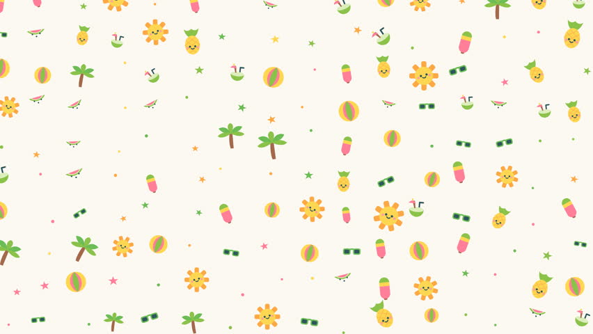 Cute animated summer pattern featuring smiling suns, pineapples, palm trees, and beach icons on a light background.