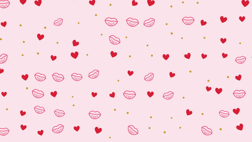 Animated hand drawn pattern of red hearts and pink lips with gold polka dots on a soft pink background