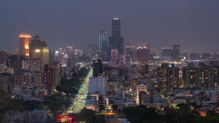 Timelapse view of Kaohsiung City showing its futuristic skyline at nighttime, southern Taiwan.