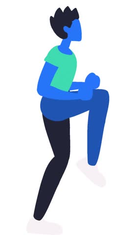 Animated flat vector character performing a high knee running exercise on a clean white background. Ideal for fitness, cardio training, home workouts, sports education, physical therapy, wellness presentations, mobile apps, motion graphics, and healthy lifestyle content.