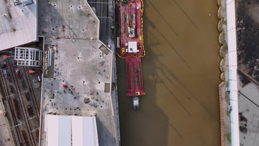Aerial view of a red barge parked in the Buffalo River alongside industrial structures and railroad tracks in Buffalo, New York, United States.