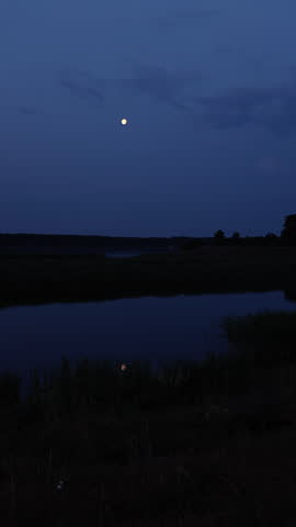 Early morning dawn at a calm lake during blue hour with a full moon in the twilight sky