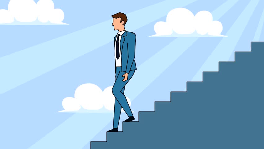 Businessman Ascending Staircase with Clouds Background Vector Illustration Symbolizing Career Progress Success and Achievement