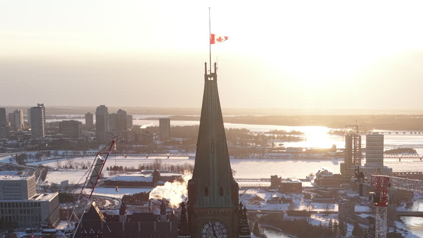Spinning aerial view of parliament hill ottawa under construction