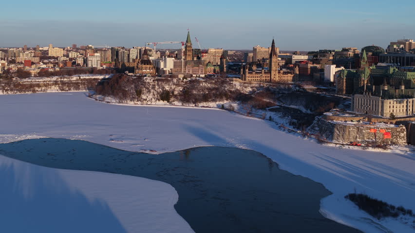 Spinning aerial view of parliament hill ottawa under construction