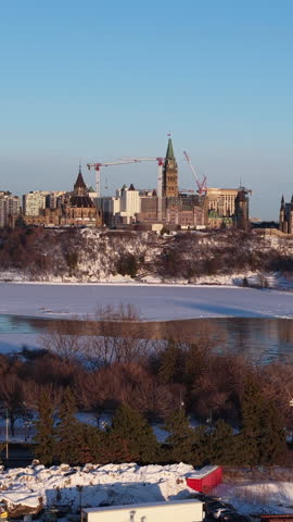 Spinning aerial view of parliament hill ottawa under construction