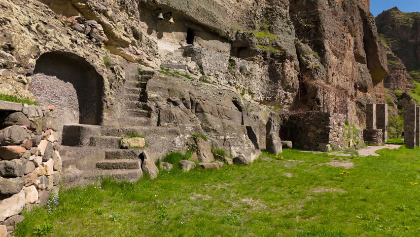 An 8th-century Christian church carved into the rock. It is located in the mountains of Georgia, in the Kura River gorge.