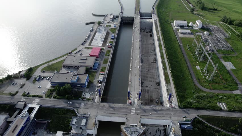 High angle aerial shot of river locks