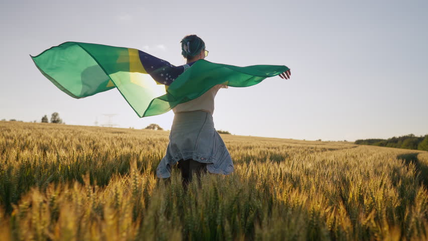 Excited Brazilian woman walking across golden wheat field, holding national flag as it flutters behind. National pride, celebration, connection to football culture in South America.