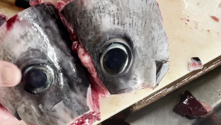 Close-up of two fresh young bluefin tuna heads with big eyes on a cutting board in a Japanese izakaya kitchen. Raw seafood ingredient for sushi and sashimi.