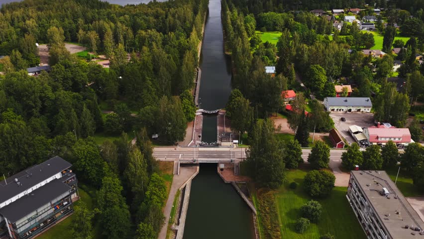 Aerial view of the Vaaksy Canal with its lock system, bridge, and surrounding lush forest in Vaaksy, Paijat-Hame, Finland.