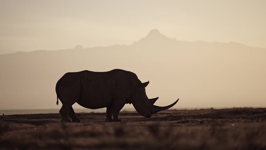White Rhino and Mt Kenya, Silhouette at Sunrise on African Wildlife Safari in Conservation Area, Rhinos Silhouetted with Orange Sky at Sunset in Africa.