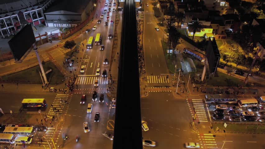 Aerial view of heavy night traffic at the Avenida Angamos Este intersection in Surquillo, Provincia de Lima, Peru.