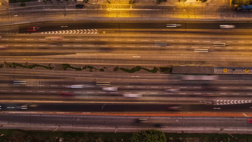 Aerial view of traffic moving along Avenida Paseo de la Republica at night in Lima, Provincia de Lima, Peru.