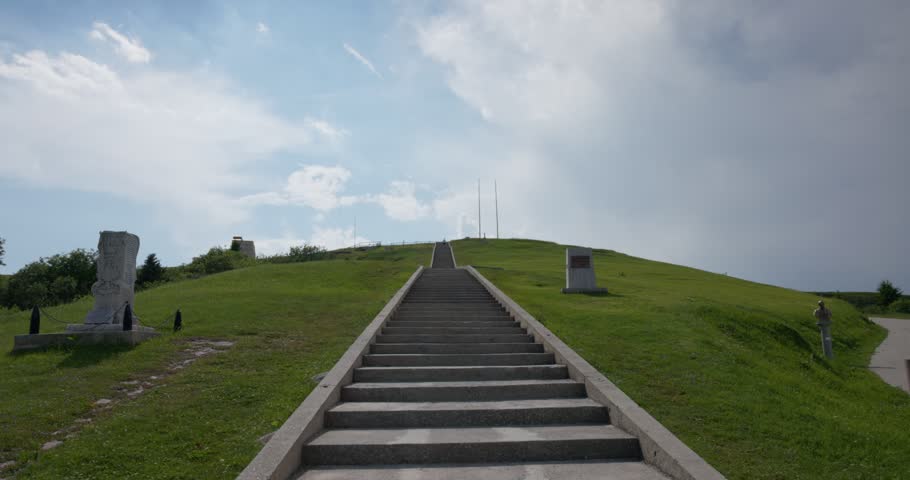 Monumental Staircase Leading To The Shrine Of Sacrario di Cima Grappa In Italy. Wide Shot