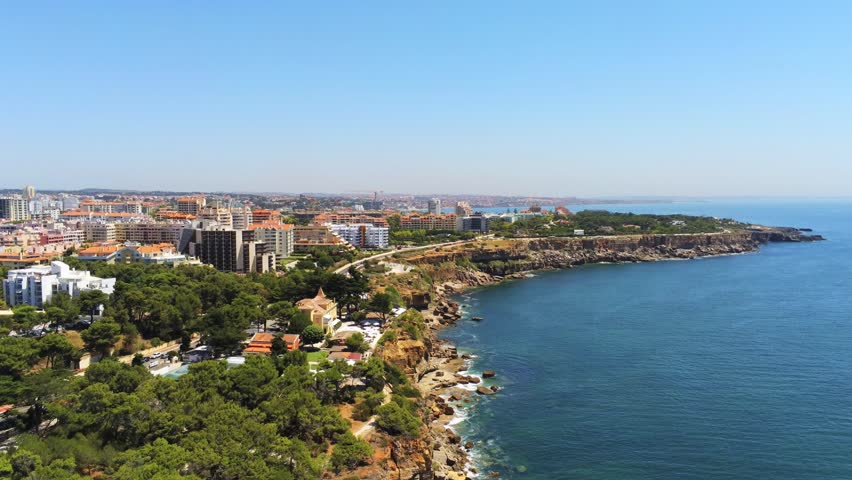 Aerial view over Cascais coast at a sunny day, Portugal. Frone shot 50 fps