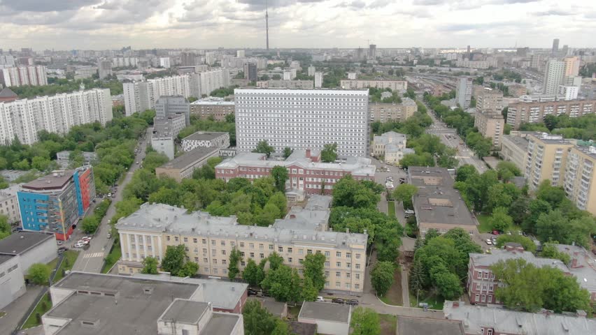 Drone flying forward toward clinic in Moscow