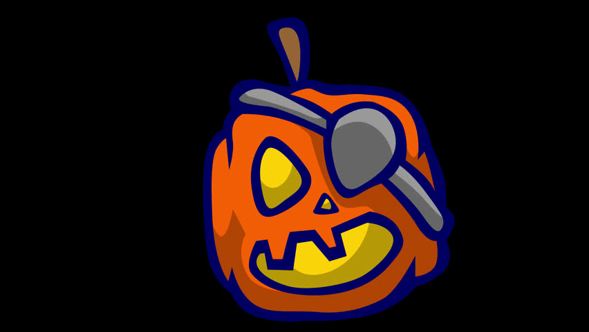 Cute cartoon Halloween jack-o-lantern pirate pumpkin wearing an eyepatch in a seamless loop animation, 4K resolution movie file isolated on transparent background with alpha channel.