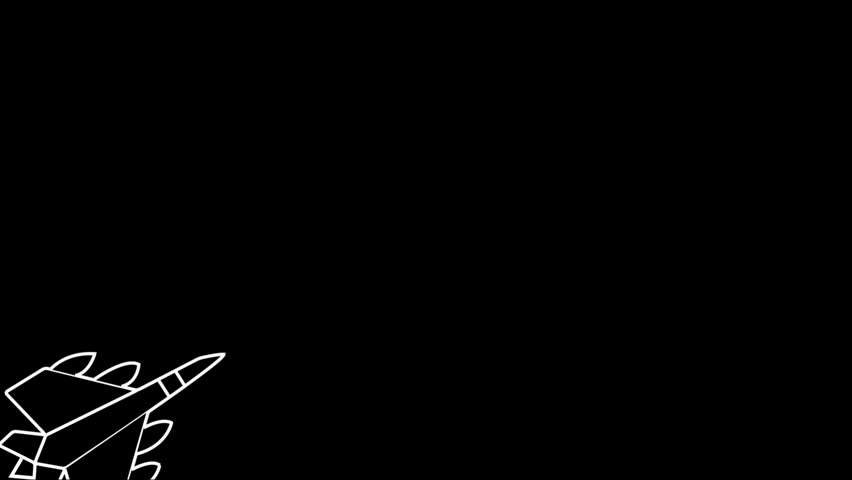 White outline of a fighter jet flying with a dashed line trail on black background airplane aircraft