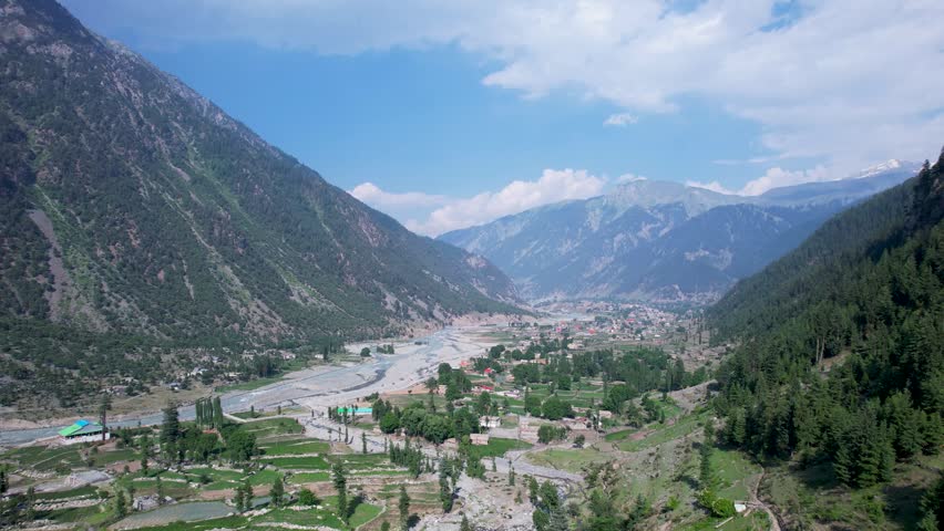 Wide view of the Utror Valley with river, farmland, and mountain slopes, Kalam, Pakistan
