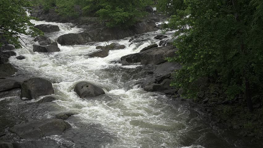 Rushing water of a mountain river flowing quickly over large rocks and boulders in slow motion. Turbulent stream creating white rapids in a green forest