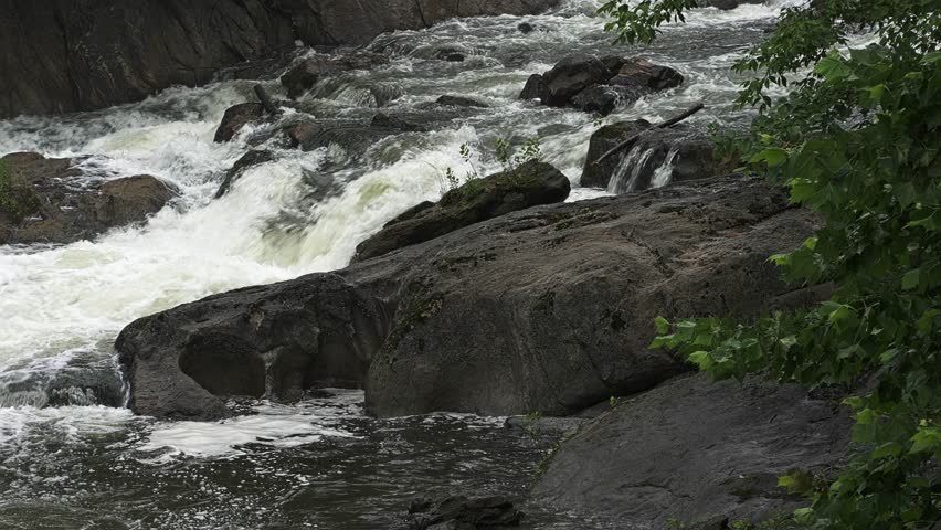 Powerful stream of clean fresh water rushing over dark rocks in a forest. Whitewater rapids creating a dynamic and natural scenic view