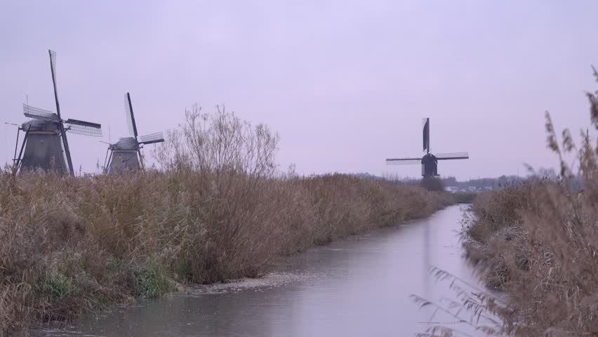 Iconic Dutch Windmills of Kinderdijk in a Frosty Frozen Winter Landscape.
