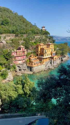 A scenic aerial view of the vibrant coastline in Portofino, Italy.