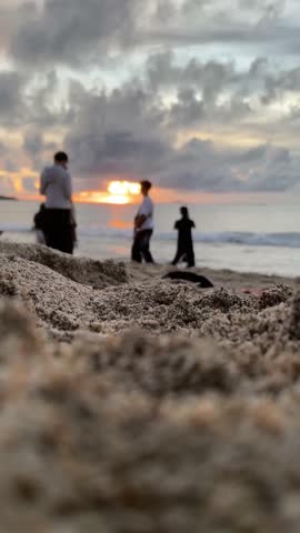 Silhouetted group of people enjoying a beautiful sunset on a sandy beach
