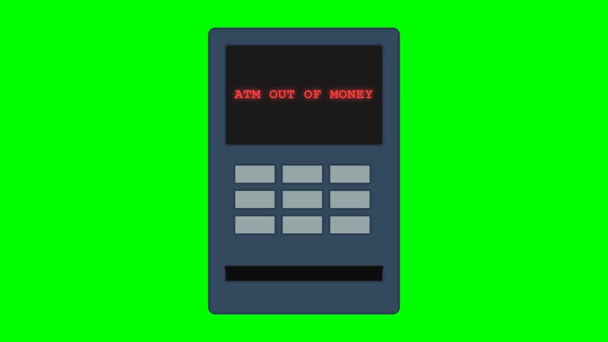 A vintage ATM machine displays a red error message on its screen, set against a vibrant green screen backdrop, perfect for compositing.