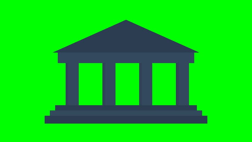 A simple dark gray courthouse building with columns and stairs is shown against a bright green screen background.