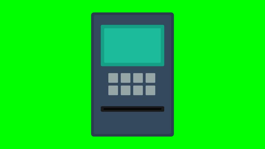 A simple animation of an ATM machine with a keypad and screen, dispensing cash. The background is a solid green screen, ideal for compositing.