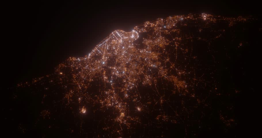 Havana (Cuba) aerial view at night. Satellite view on modern city with street lights. Camera is flying above the city, moving forward