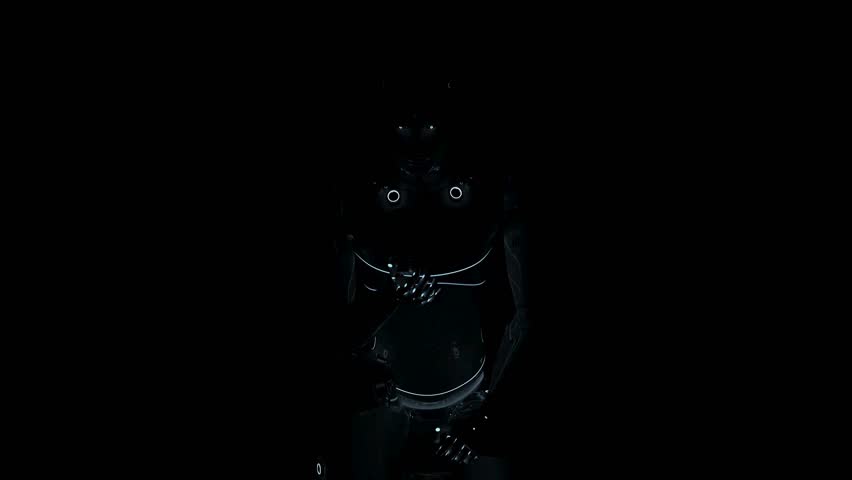 Futuristic 3D humanoid robot standing in low light and looking down at a glowing lit lightbulb
