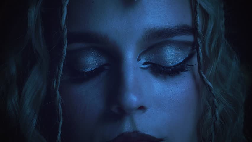 Portrait fantasy girl sexy face eyes lips professional graphic creative makeup fairy tale elf girl fashion model posing in night forest moon light. evil gothic fairy tale blonde hair woman dark queen