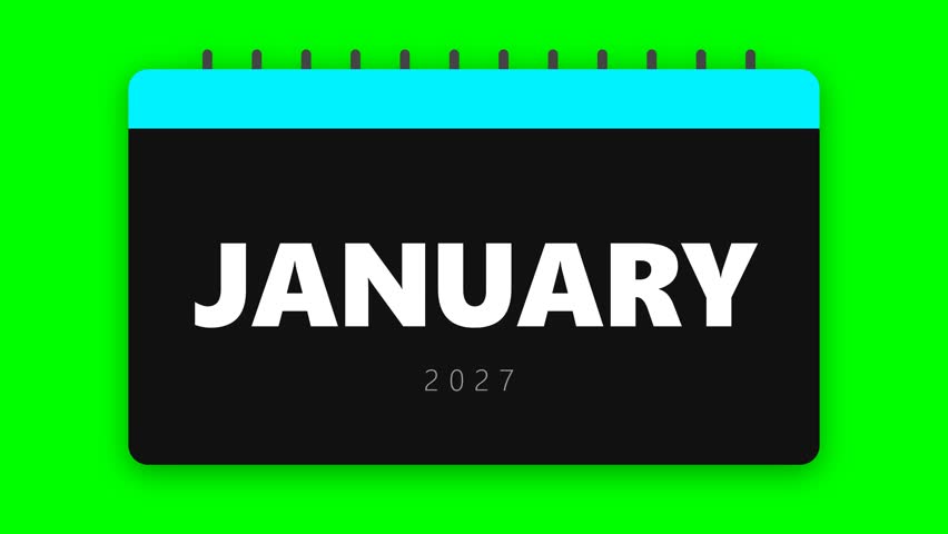 2027 Calendar Icon Illustration Featuring Bold White Typography on a Black and Blue Background Over a Green Screen for Easy Keying