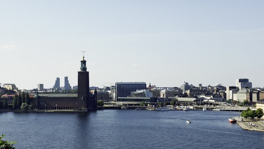 Stockholm city hall and central city seen from across the water, the capital of Scandinavia, the Venice of the north