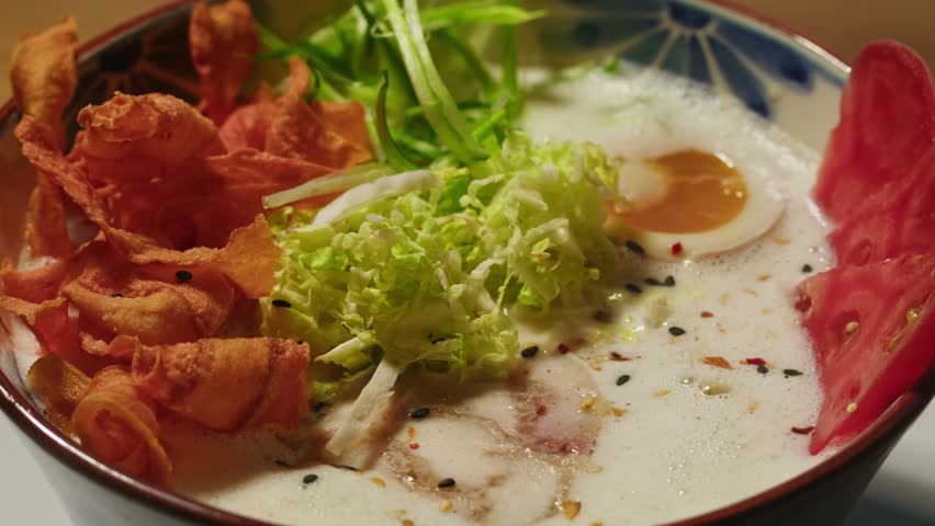 Japanese Ramen with Beef or chicken, rice noodles with fried meat, Tom Yam kung Spicy Thai asian soup, chef cooking in traditional korean chinese food. Close up of tasty vietnamese cuisine. 
