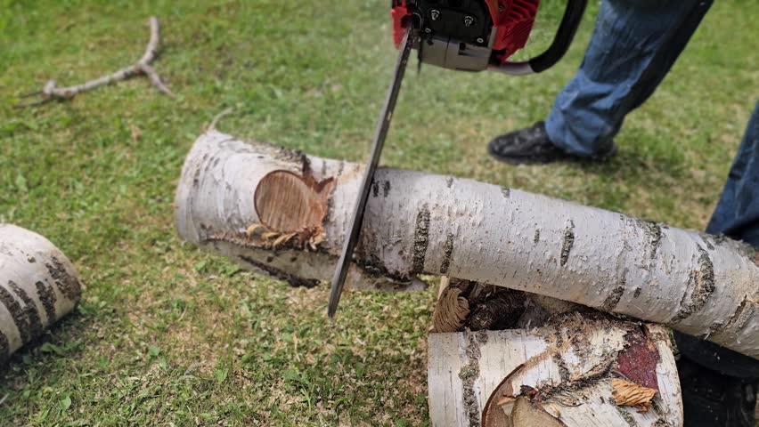 A person uses a chainsaw to cut a birch log in their backyard. The weather is clear and the grass is green. The activity is taking place in the afternoon with visible wood shavings.