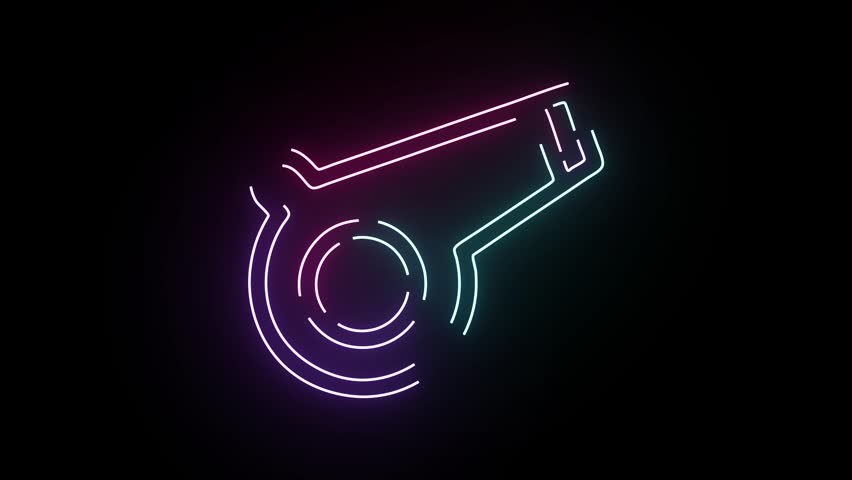A vibrant neon animation featuring a glowing whistle symbol pulsating with rhythmic cyan and magenta light strokes set against a deep dark background. This stylized motion graphic loop conveys energy and sport making it perfect for athletic event themes.