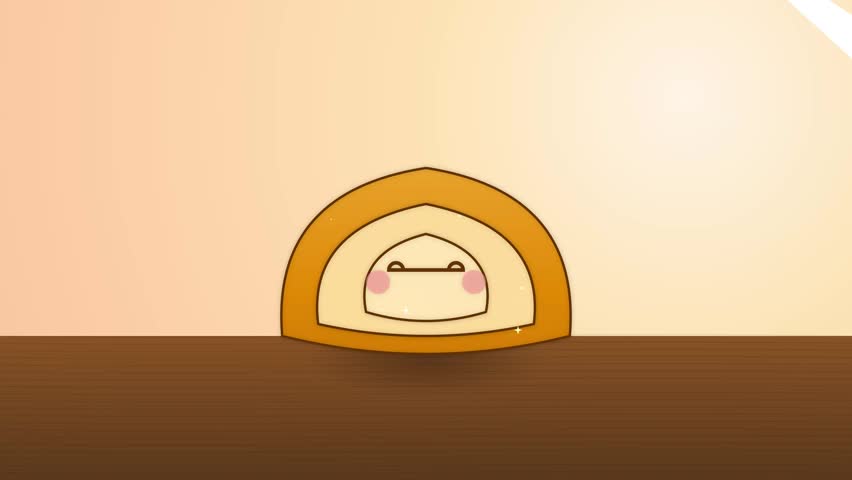 Minimalist 2D cartoon featuring a cute Swiss roll character. The happy cake slice sits on a wooden surface under warm, golden lighting. Ideal for food blogs or kawaii designs.