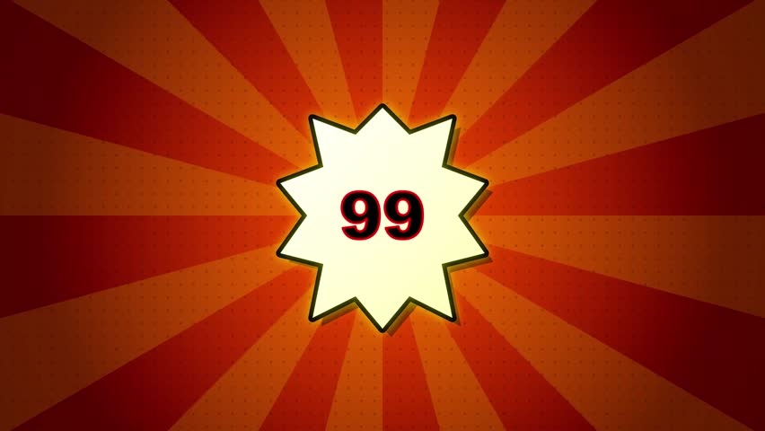 Retro pop art illustration of the number 99 inside a starburst badge. Features a red and orange radial sunburst background with halftone textures.