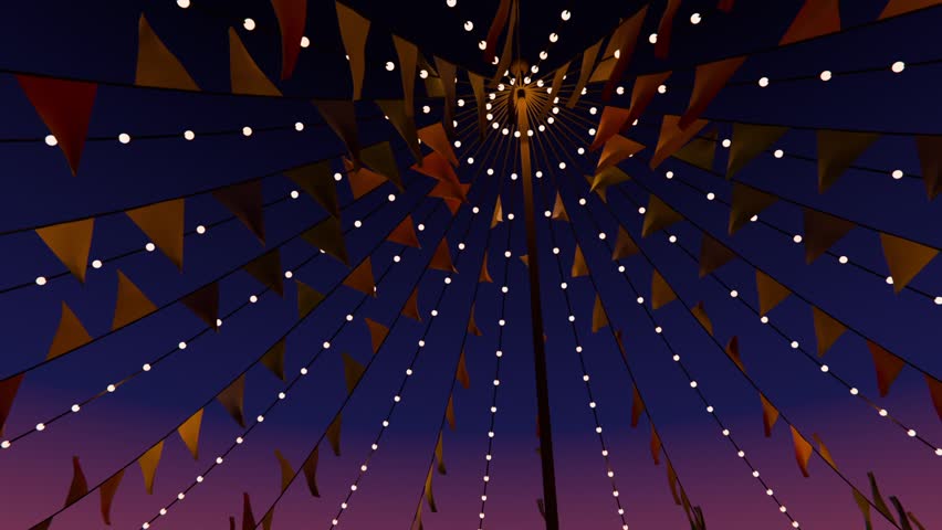 Moving camera revealing canopy swaying in breeze at twilight, with pole, strings, bulbs, flags. Festival, bunting, lights, pennant, radial, mast, dusk
