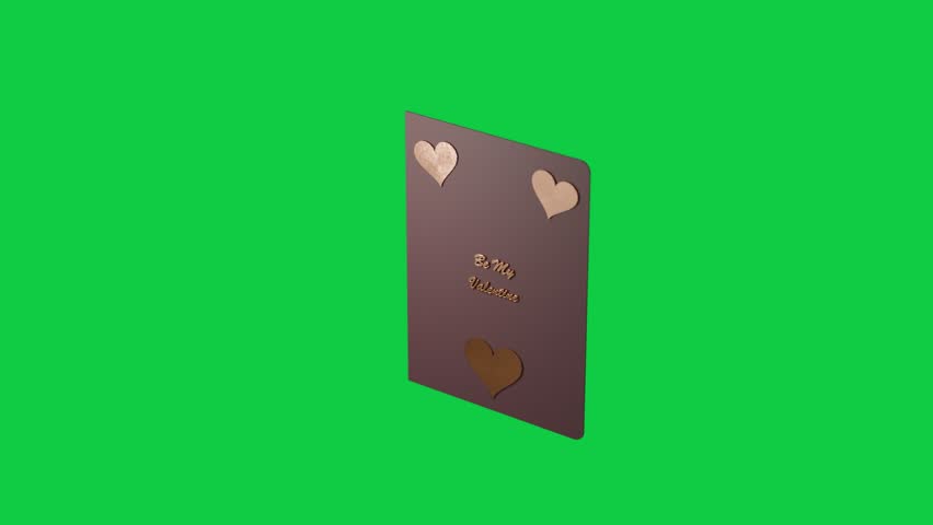 Folded valentine card rotating open on tap, revealing blank inner panels on transparent black. Hearts, foil, mauve, pink, romance, keepsake, minimalist