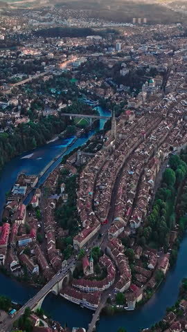 Aerial view over the city of Bern the capital city of Switzerland the historic district from above. Bern old town. The historic buildings in the city center
