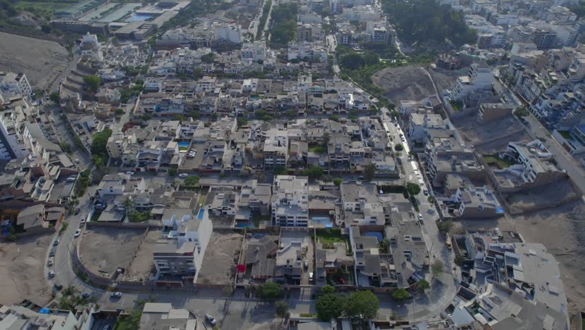 Aerial view of Casuarinas residential neighborhood in Santiago de Surco with dense housing, swimming pools, and tree-lined streets in Lima, Peru.