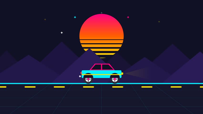 Animated car moving on a futuristic neon road under a retro sun.